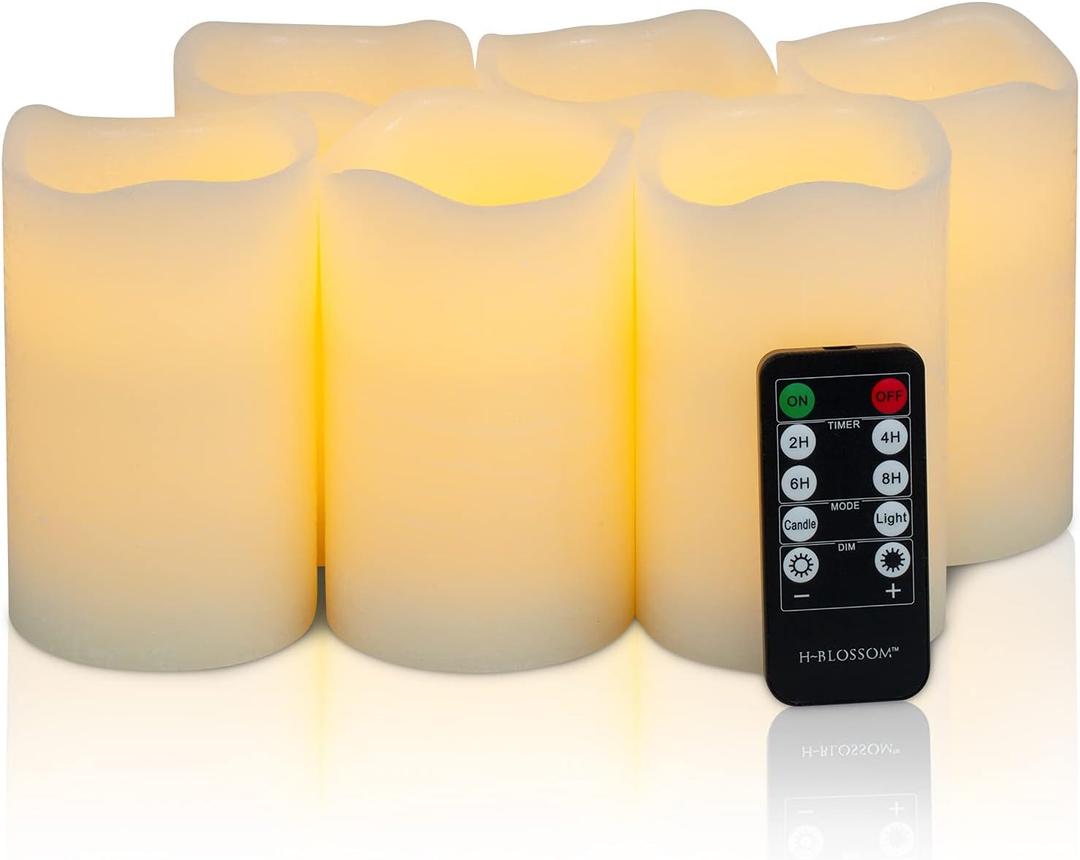 H-BLOSSOM Flickering Flameless Candles Battery Operated Real Wax Pillar Candles LED Candles with 10 Key Remote Control Cycling Timer Set of 6 (3" x 5" Remote)
