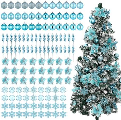 Ceenna 132 Pcs Christmas Tree Ornaments Set Glitter Poinsettia Flowers 2.36 inch Christmas Balls Snowflakes Decorations Artificial Berry Picks for Xmas Tree Wreath, Hooks Included (Light Lake Blue)