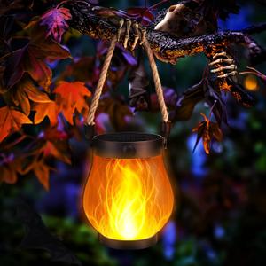 Halloween Solar Flame Lantern Hanging Outdoor Waterproof Purple - 2 Pack Flame Lanterns with Dual Charging Modes of Solar & USB for Garden or Yard Halloween Decorations (Warm White - 1 Pack)