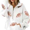 SeekMe Womens Game Day Sweatshirts Football Sequin Hoodies Tailgate Outfits Long Sleeve Zipper Sweaters with Pocket (Small, White)