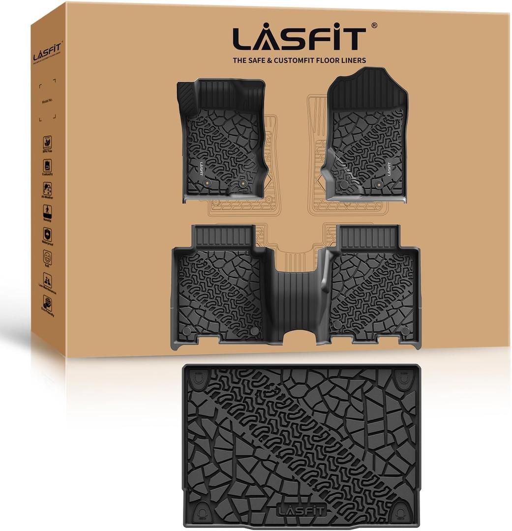 LASFIT Floor Mats & Cargo Liner for Ford Bronco 4-Door Carpet Floor Only 2026 2025 2024 2023 2022 2021 All Weather TPE SUV Trunk Mat Custom Fit Cargo Area Mat, 1st+2nd Row+Trunk Liner Full Set