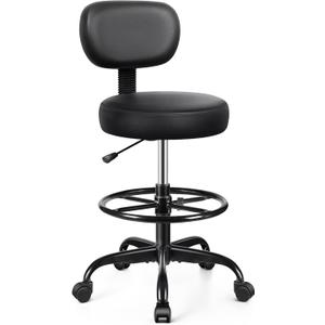 Drafting Chair with Backrest  Adjustable Foot Rest Rolling Stool with Wheels, PU Leather Swivel Stool for Office Spa Studio Lab Counter Salon Home Work Bar Kitchen Shop(Black)