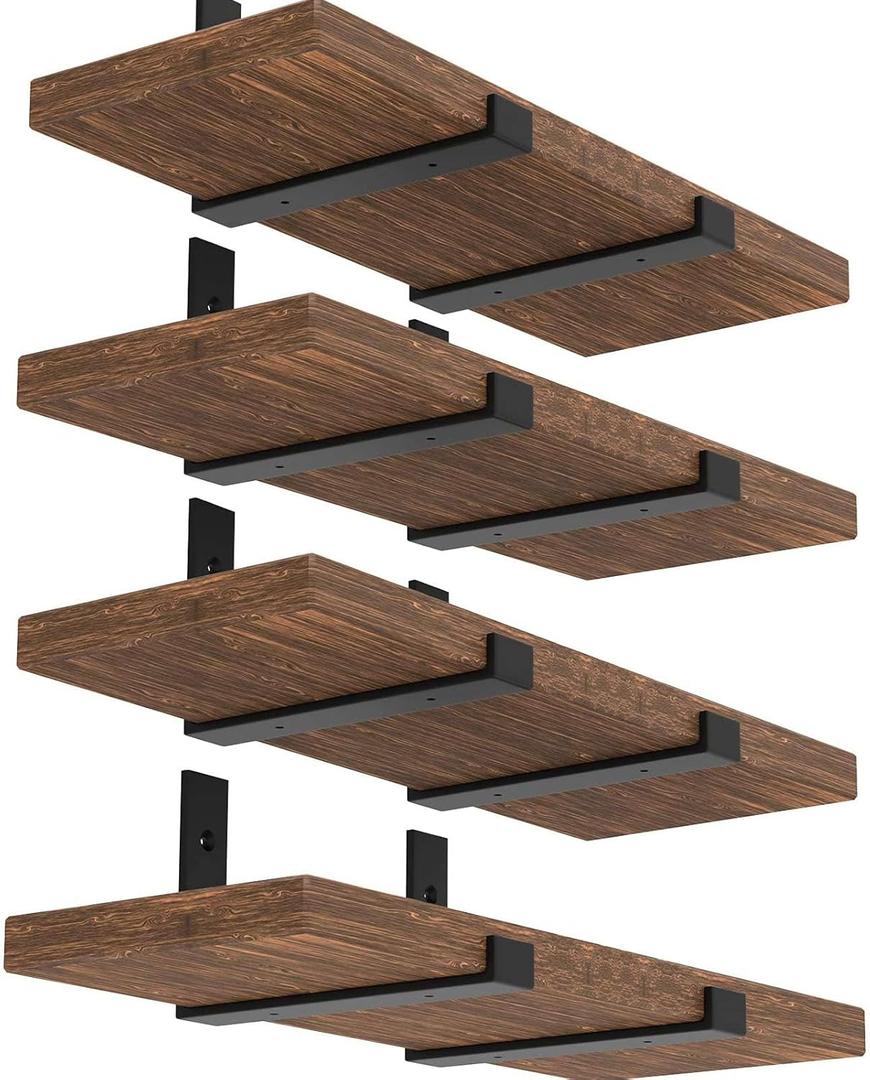 Shelf Bracket, Heavy Duty Floating Shelf Brackets 10-Inch Long, 4-Pack Brackets for Shelves, Black Coated J Shape Metal Wall Shelf Support Brackets with 1/5-Inch Thick and 160 lb. Load Capacity