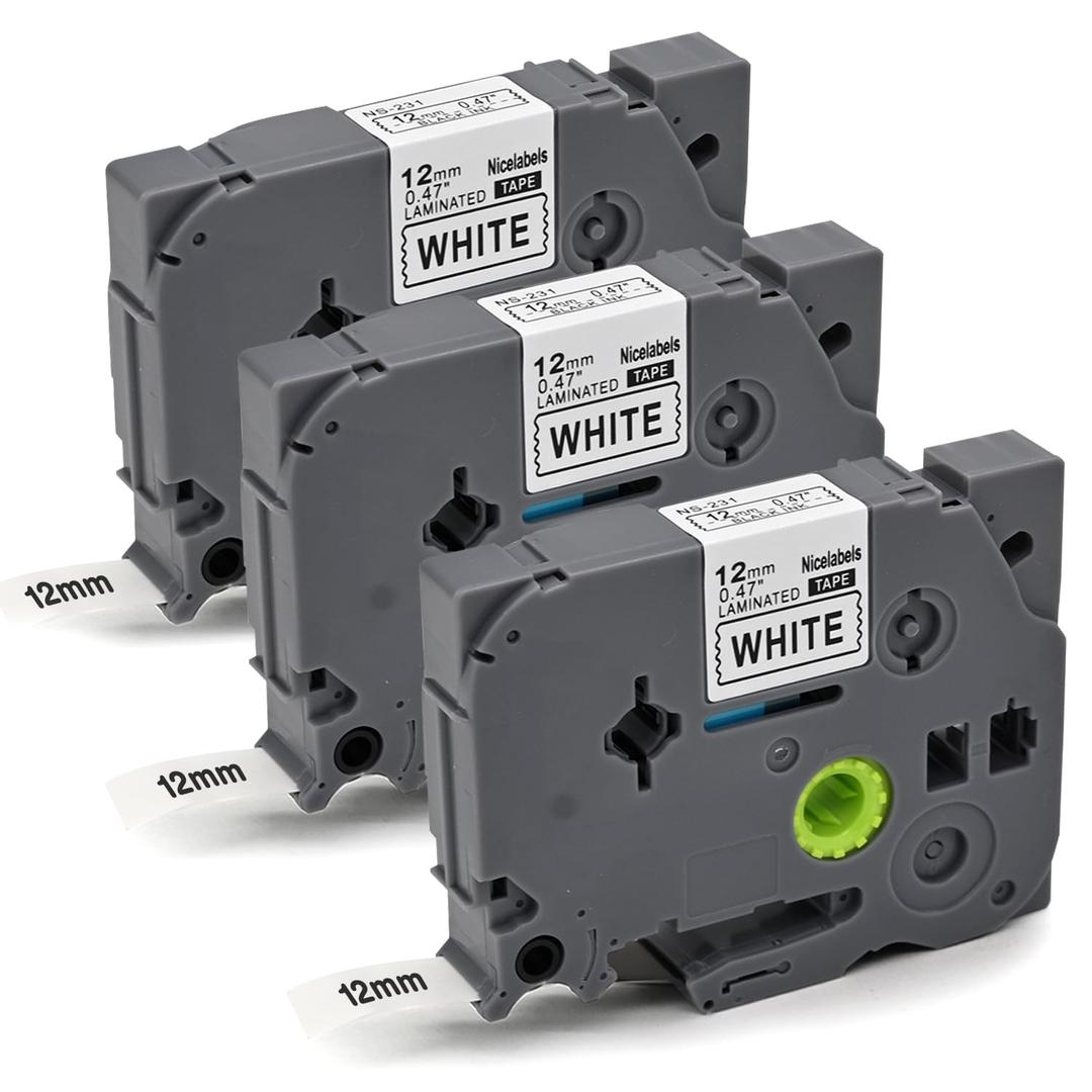 3-Pack 12mm 0.47" Laminated White Label Maker Tape Refill – Replacement for Brother P Touch Label Maker Tape TZe231 TZe-231 TZe, Compatible with Brother P-Touch Label Maker PT-D200 PT-2040 PT-1000