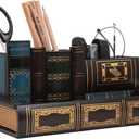 Decorative Pencil and Pen Holder with Storage Drawer, Wooden Desk Organizer Caddy, Antique Library Books Design Pen Cup for Office Supplies, Countertop, Desk,Table (Reddish brown)