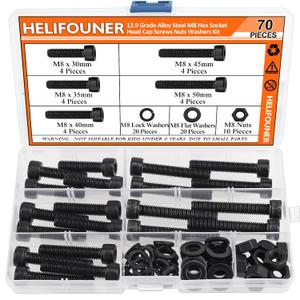 HELIFOUNER 70 Pieces M8 x 30mm /35mm /40mm /45mm /50mm, Hex Socket Head Cap Metric Screws Bolts Washers Nuts Kit, 12.9 Grade Alloy Steel, Fully Threaded, Black