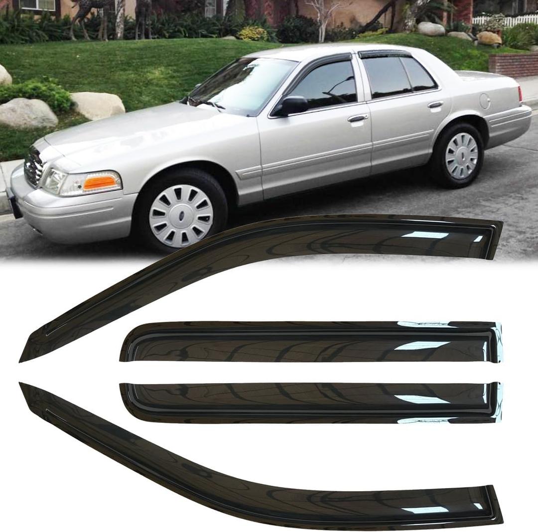4pcs Outside Mount Style Window Rain Guards Durable Side Wind Deflectors Dark Smoke Nice Looking Vent Window Visors Fit for 2002-2008 Ford Crown Victoria (Long Rears Doors) 94054