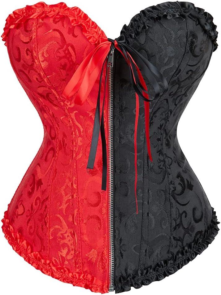 Lace Up Corsets for Women, Sexy Corset Lingerie for Women,Front Zipper Corset Top for Women (Medium, Blackred)
