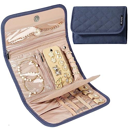 BELALIFE Travel Jewelry Case Organizer, Foldable Storage Roll for Earrings, Necklaces, Rings, Bracelets, Brooches, Blue-Gray