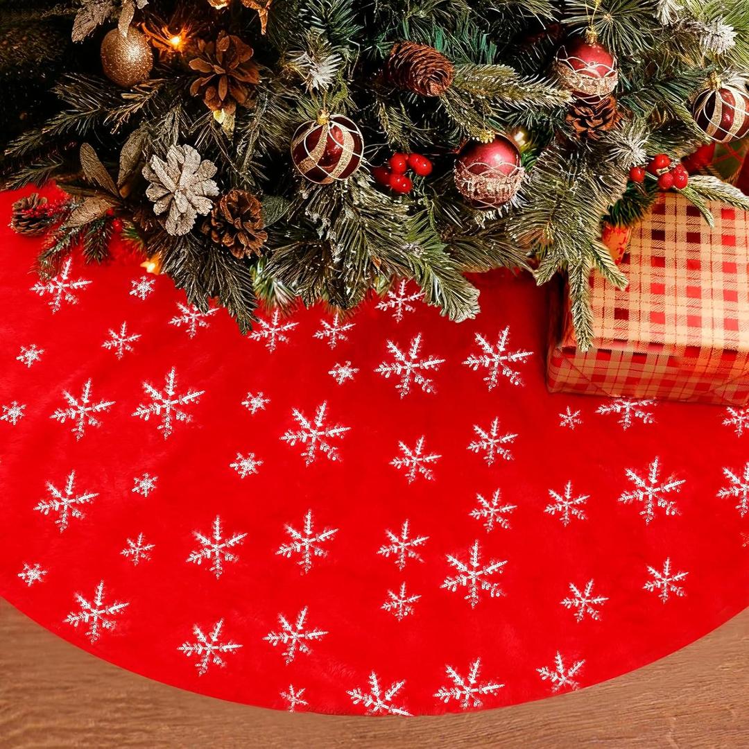 Sayrrame Christmas Tree Skirt, 48 Inch Red Luxury Faux Fur & Silver Sequin Snowflakes, 4ft Xmas Tree Skirt for Holiday Tree Ornaments Christmas Party Home Decorations