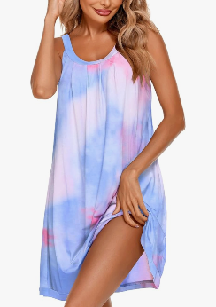 APRRAIN Women's Nightgown Sleeveless Chemise Sleepwear Pleated Scoopneck Nightshirt with Pockets Tie Purple, XL