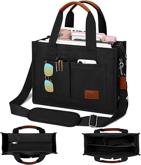 KKXIU Multi Pocket Tote Bag with Multi Pockets,multi functional tote bag with satchel handle(black)