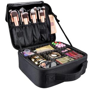 gzcz Travel Makeup Bag,10.4 Inches Portable Makeup Case Cosmetic Train Case Organizer Artist Storage Bag With Adjustable Dividers For Cosmetics Brushes Toiletry Jewelry Digital Accessories (Black) (Small, Black with Support Strap)