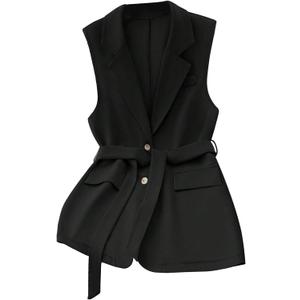 GORGLITTER Women's Sleeveless Long Sweater Vest Casual Fall Fitted Collared Belt Knit Blazer Vests Jacket Dressy Trendy (Large, Black)