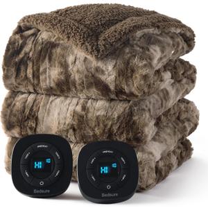 Bedsure Faux Fur Electric Blanket Queen Size, Dual Control Heated Blanket Queen, Fast Heating Blanket with 10 Heating Levels & 10 Time Settings, Cozy Gifts for Women Men (84x90 inches, Dark Chocolate)