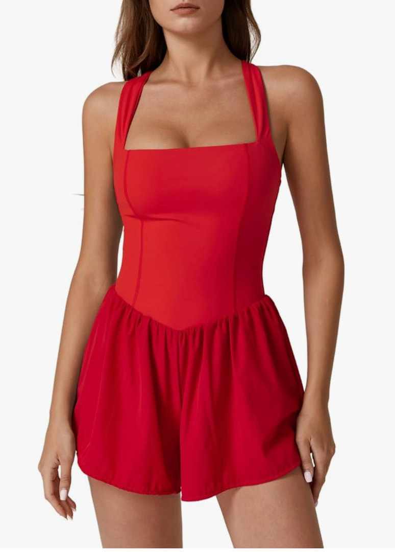 QINSEN Women's Square Neck Sleeveless Romper Jumpsuit Casual Summer One Piece Outfit with Pocket XL