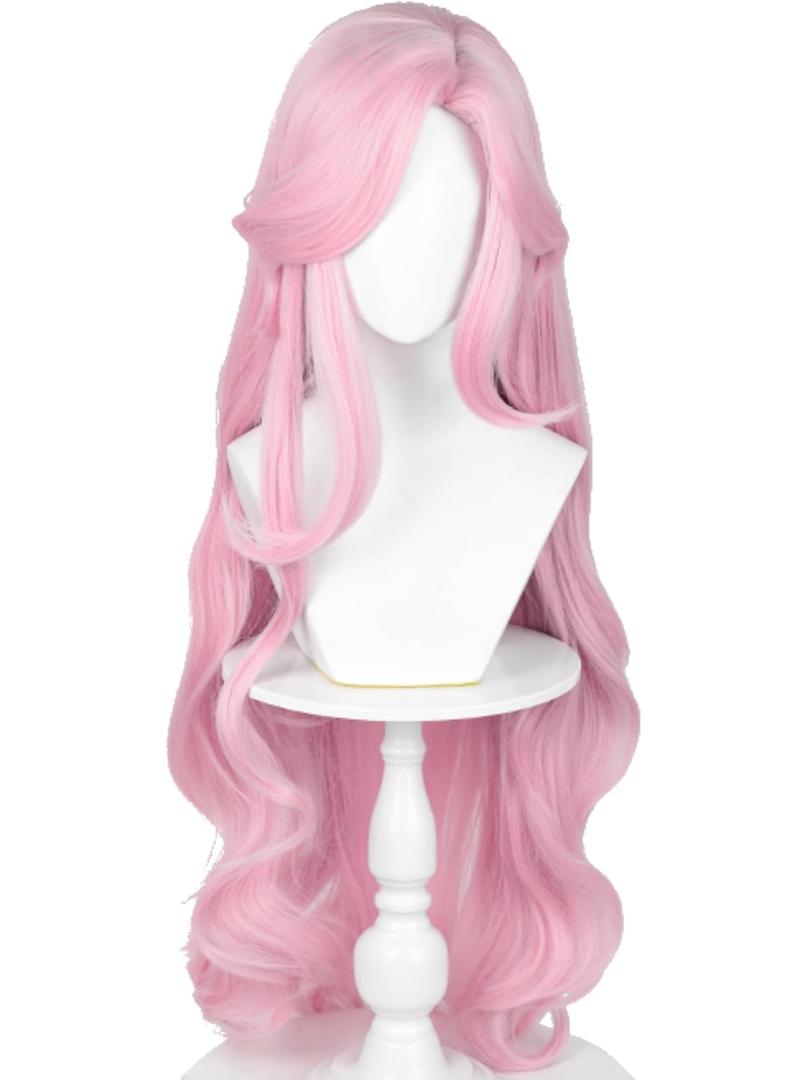 Half and Half Long Curly Light Pink Pony Wig with Bangs Pastel Pink Anime Cosplay Wigs 39'' Syntehtic Hair for Women Halloween Party
