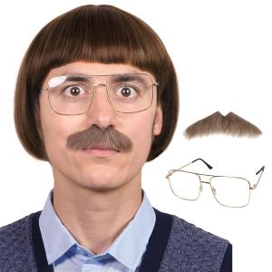 FantaLook Short Straight 60 70s Bowl Cut Funny Wig with Glasses and Mustache for Men Crazy Mushroom Cosplay Wig for Halloween (Dark Brown)