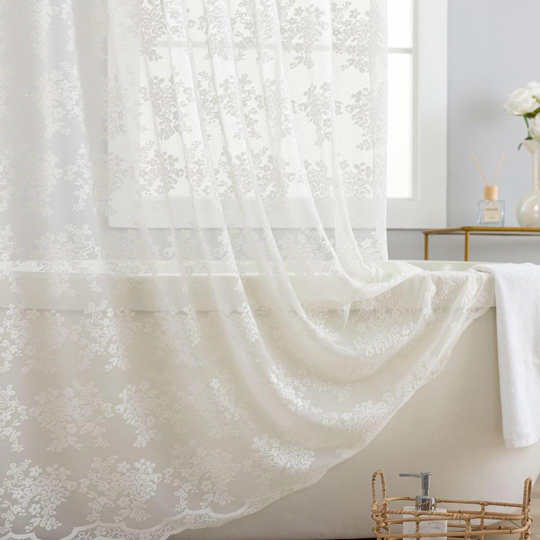 Extra Long Shower Curtain 84 Length - Rustic Floral Lace Beige Shower Curtain for Bathroom, Scalloped Edges Natural 84 Inch Bathroom Curtain with Attached Valance, 72 x 84 Inch, Light Beige (Ivory)