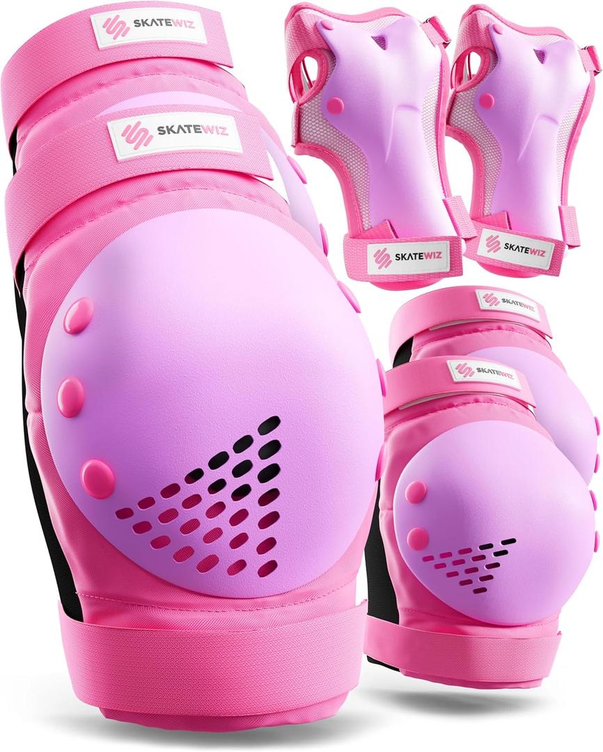 SKATEWIZ Skateboard Pads Protective Gear Set for Kids and Adults - Smash - Roller Skate Pads [6pc] with Wrist Guards - Skating Protective Gear - Roller Derby (Pink Purple)
