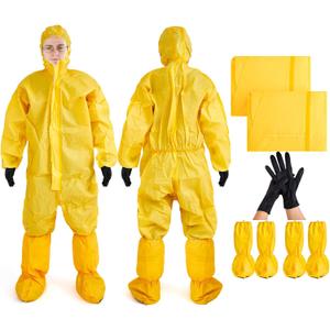 TrelaCo 2 Sets Halloween Cosplay Costumes Yellow Hazmat Suit Jumpsuit for Adult Men Disposable Protective Coverall Suit with Shoe Cover and Glove Breathable Paint Coverall,XL