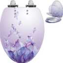 Elongated Resin Toilet Seat Purple Bathroom Decor, Slow Quiet-Close Lid and Seat Heavy Duty for Standard Toilets, Easy Installation & Cleaning (19 Inch,Purple Petals,Upgraded hinge)