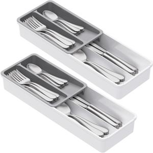 Lifewit Compact Silverware Organizer for Kitchen Drawer, Narrow Flatware Tray Holder, Plastic Cutlery Spoons, Forks and Knives Storage, White&Gray, 2 Pack