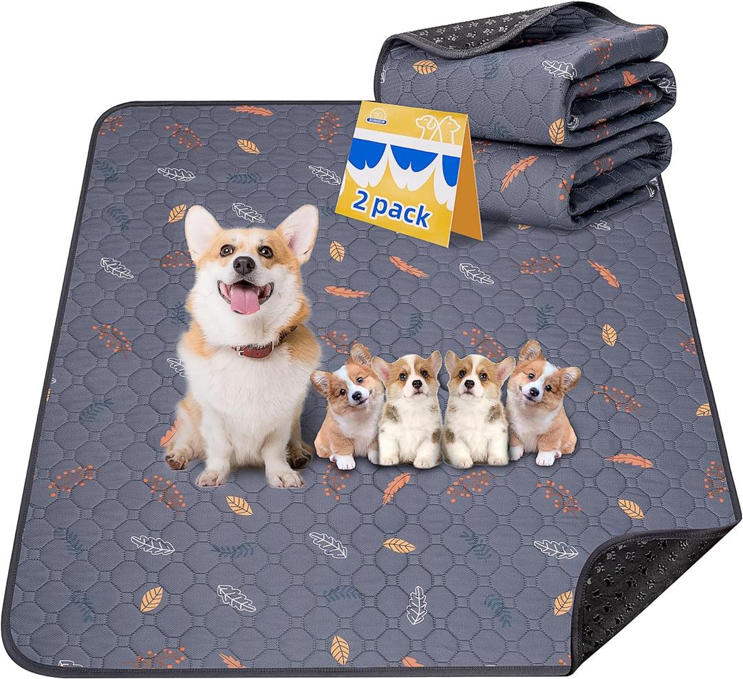 Sunheir 2-Pack Extra Large Reusable Dog Mat for Floor, Waterproof Dog Playpen, Super Absorbent Washable Pee Pads for Dogs, Pet Whelping Mat, Potty Training - 36" x 72" (Leaves - Deep Grey)