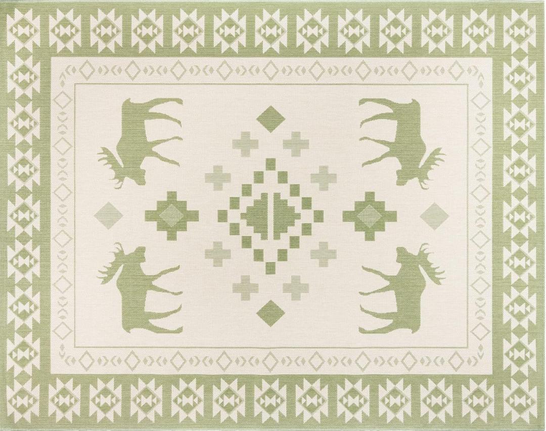 Gertmenian Indoor Outdoor Area Rug, Classic Flatweave, Washable, Stain & UV Resistant Carpet, Deck, Patio, Poolside & Mudroom, 8x10 Ft Large, State Alaska Alces Alces Moose Elk, Green Teal
