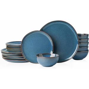 Stoneware Dinnerware Sets for 6, Reactive Glaze Plates and Bowls, Blue | 18-Piece Handcrafted Rustic Porcelain Dishes Set, Highly Scratch Resistant, Dishwasher & Microwave Safe