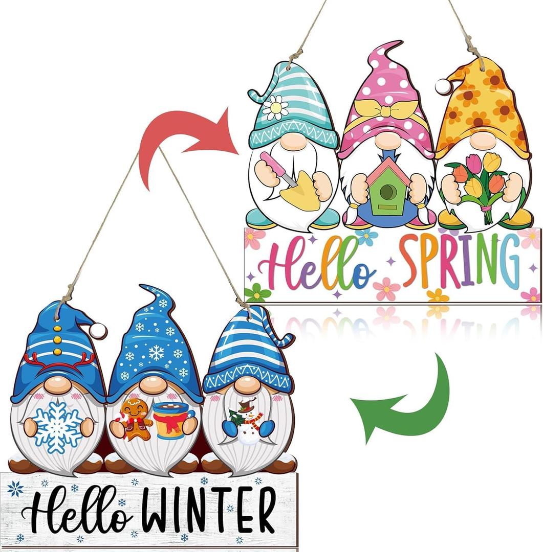 Reversible Hello Winter/Hello Spring Welcome Decor for Home Indoor Outdoor Gnome Flower Snowflake Door Sign Wall Door Hanger Winter Spring Decorative Wooden Sign Wall Plaque Holiday Wreath Wall Decor