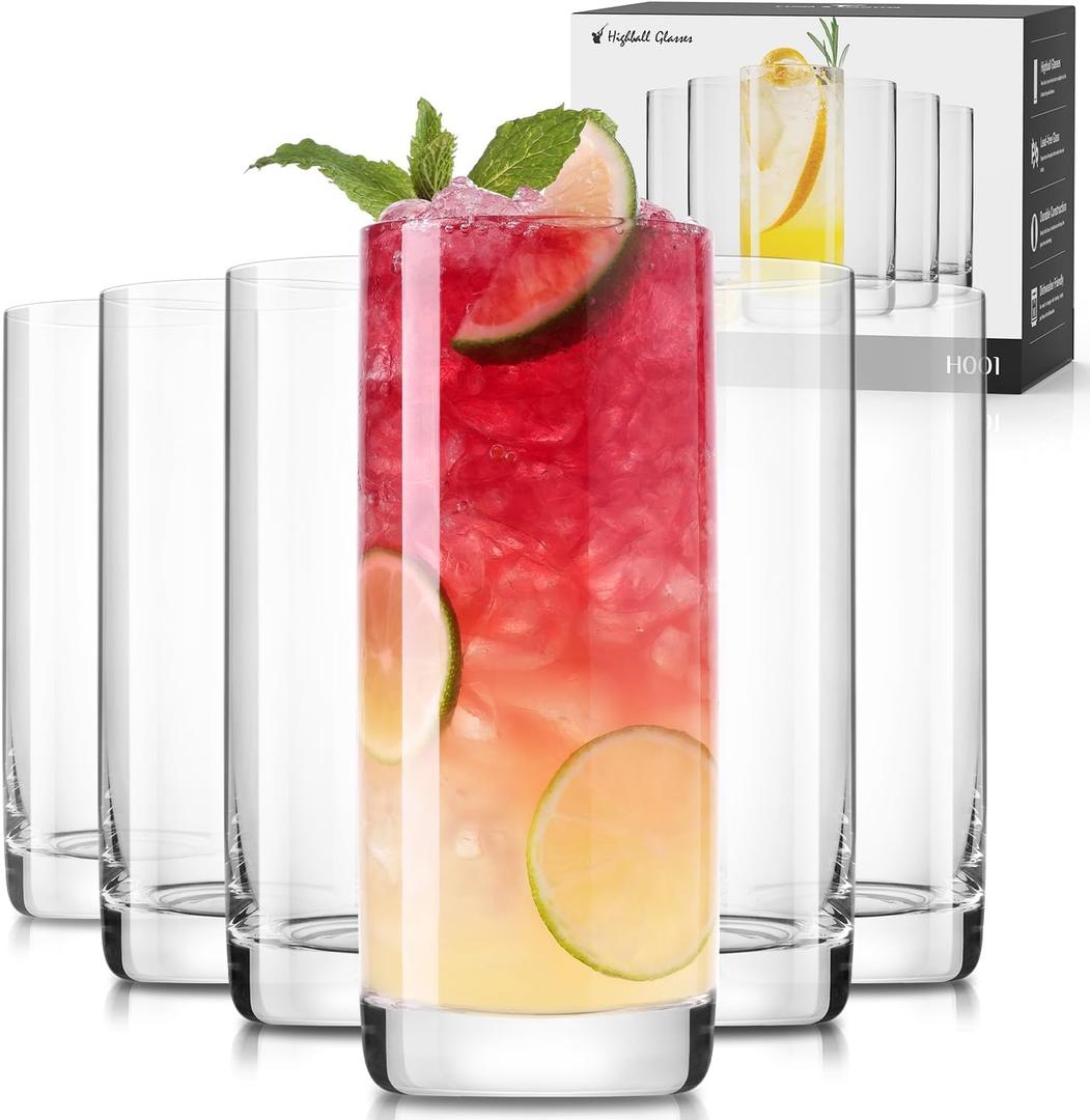 LUNA & MANTHA Highball Glasses Set of 6, 13 OZ Drinking Glasses, Lead-Free Crystal Water Glass, Tall Glass Cups for Cocktail, Tom Collins, Mojito, Mixed Drink, Kitchen and Bar Glassware