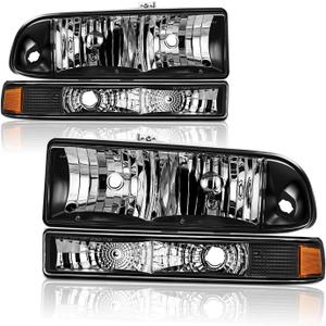 Headlights Assembly Compatible with 1998-2004 Chevrolet S10 Pickup,98-05 Chevy Blazer Halogen Headlamp w/Bumper Lights, Black Housing Amber Corner