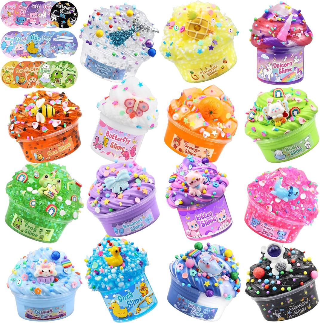 LAWOHO 15 Pack Slime Kit for Kids, DIY Crunchy Butter Slime Set with Charms & Add-ins, Soft Non-Sticky Slime Party Favors, Stress Relief Sensory Toys, Birthday Gifts Classroom Prizes for Boys Girls (Type1)