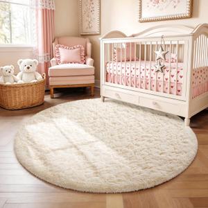 Ophanie Round Rug 4Ft Ivory Circle Area Rugs, Fluffy Fuzzy Small Bedroom Christmas Carpet 4 foot, Plush Shag Floor Cream Living Room Circular Aesthetic Decor for Kids Teen Boys Baby, Nursery,Classroom