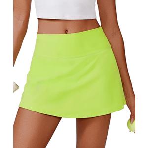 PINSPARK Womens Tennis Skirt High Waisted Golf Skort with 2 Pockets Stretchy Athletic Skirts for Workout Pickleball Running (Medium, Neon Green)