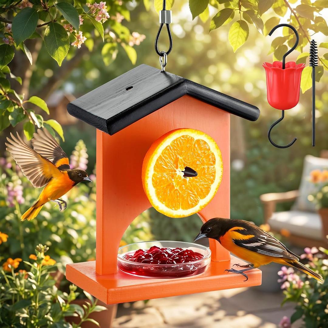 Oriole Bird Feeders for Outdoors, All-in-One Hanging Oriole Feeder with Ant Moat, Cleaning Brush, Glass Cup for Jelly, Jam, Fruit, Nectar and Seed, Pegs for Orange Halves, Orange (1 Pack)
