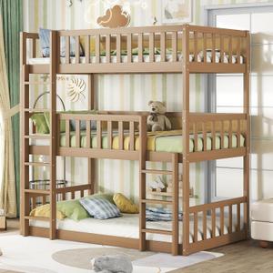 Solid Wood Triple Bunk Bed for 3 Kids, 3 Bed Bunk Beds with Two Built-in Ladders,Twin Over Twin Over Twin Triple Bunk Bed,Detachable,Natural
