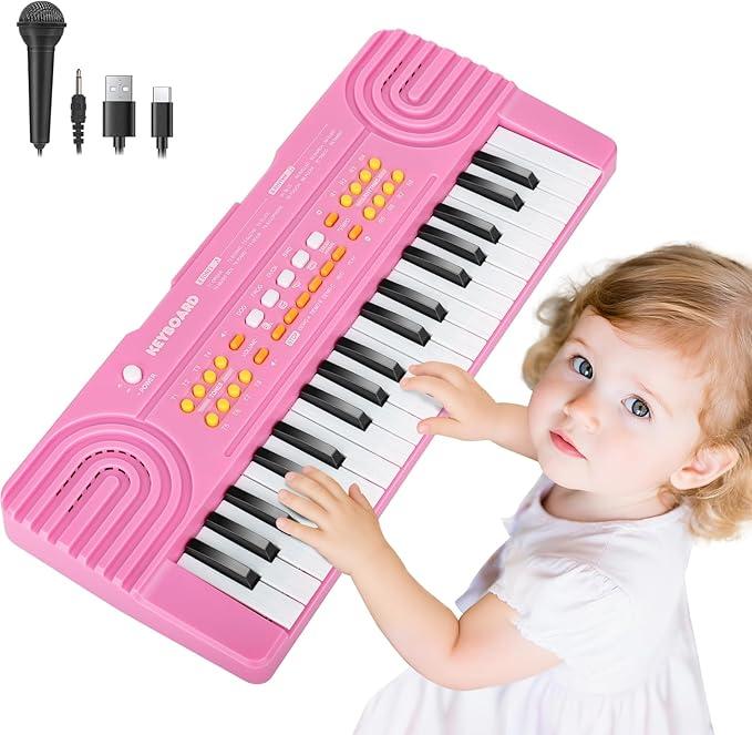 Kids Piano Keyboard Toy for 4 Year Old Girl Birthday Gift 37 Key Pink Pianos with Microphone Toddler First Music Instrument Toys for 3 4 5 6 7 Year Old Boys Girls Gifts