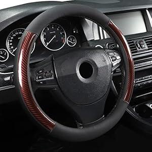 Microfiber Leather 15" Universal Fit Car Steering Wheel Cover, Elastic Breathable and Odorless, Black with Red Accent (Medium (14.5" - 15"))