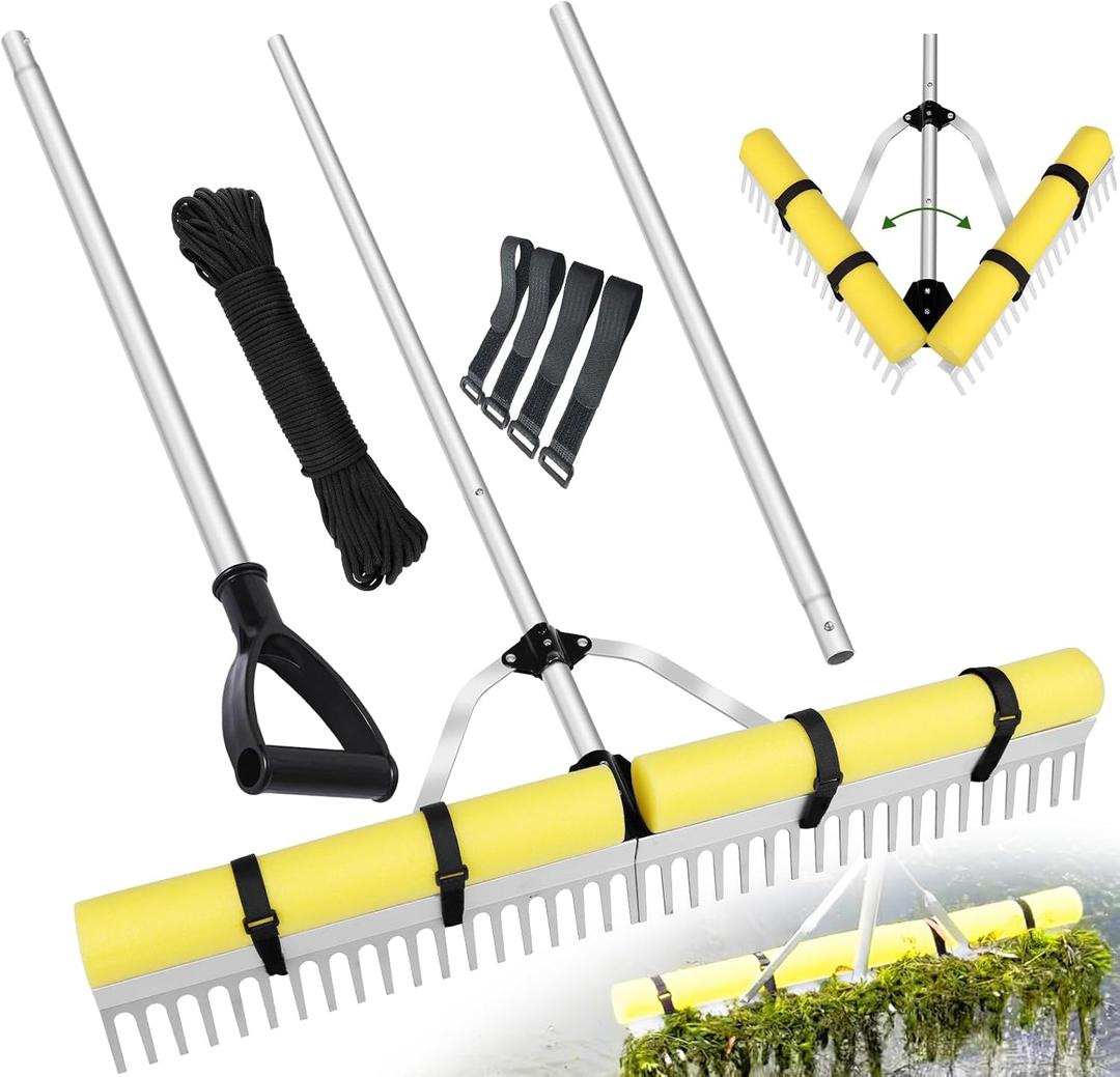 Pond Rake Aquatic Weed Rake,Detachable Float Lake Rakes,Aluminum Landscape Rake for Outdoor Pond with Extension Rope,Weed and Algae Removal,Upgraded Rakes Foam Fixing Velcro and carabiners