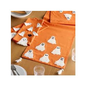 Breling Halloween Ghost Table Runner Jacquard Cute Ghost Halloween Dinner Table Runner Fall Autumn Kitchen Dining Decoration for Kitchen Farmhouse Holiday Party Home Decor 13x72 Inch (Orange)