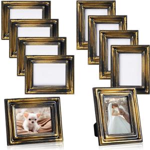 Qunclay 10 Small Frame Pack, Gold Black White Mini Vintage Frames, 2.5x3.5 Wallet Size Tiny Antique Picture Ornate for Wall Hanging Tabletop Art Display Retro Wedding Home Decor (Gold Black,Classic)