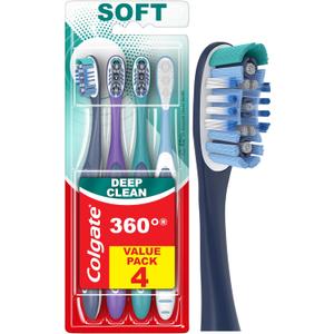 Colgate 360 Deep Clean Soft Toothbrush for 4 in 1 Bacterial Removal, Features Floss Tip Bristles and Tongue Cleaner, 4 Count