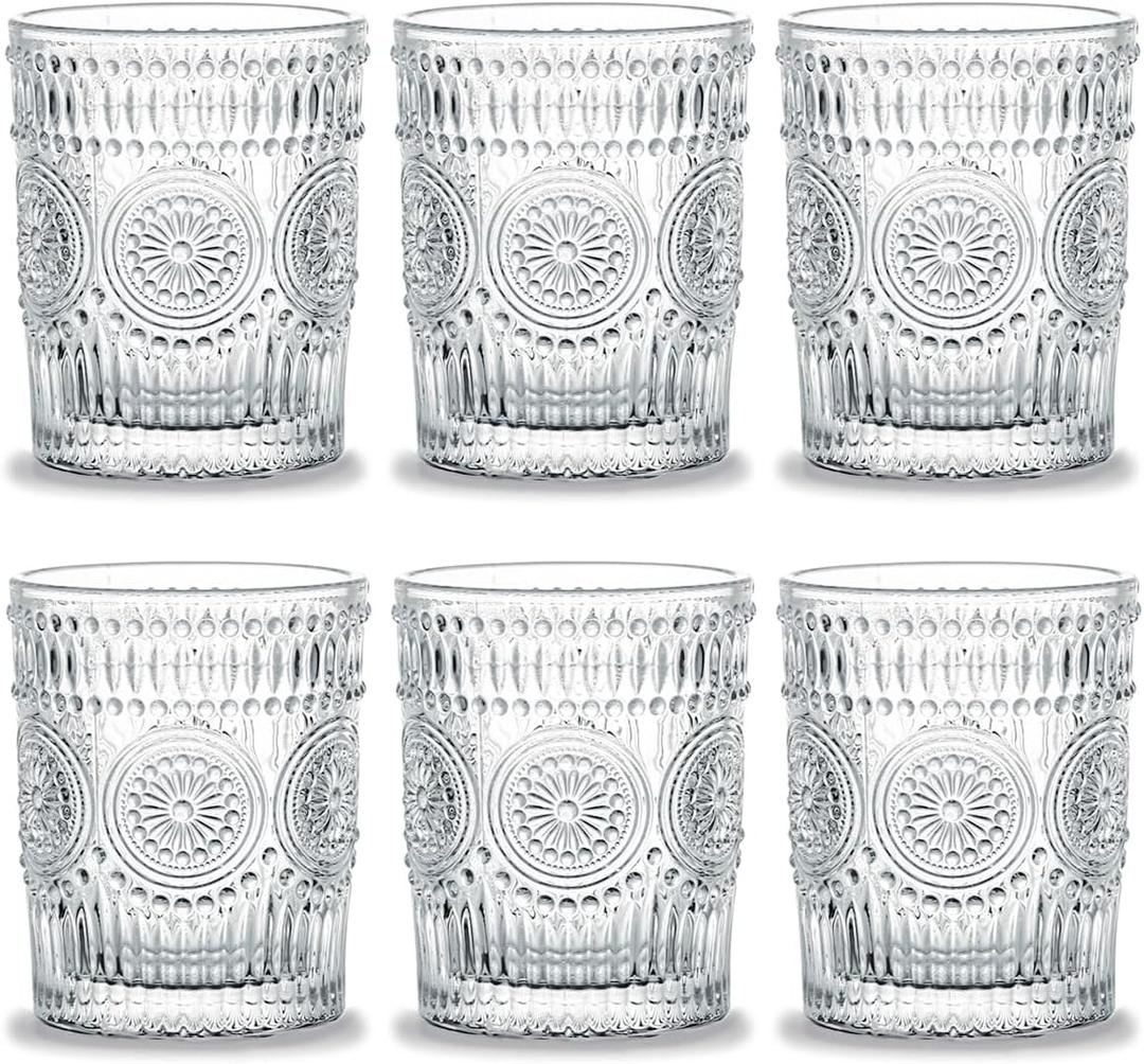Kingrol 6 Pack 9 oz Romantic Water Glasses, Premium Drinking Glasses Tumblers, Vintage Glassware Set for Juice, Beverages, Beer, Cocktail