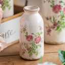 Ceramic Rustic Farmhouse Vase, Distressed Flower Vase for Home Decor, Ideal Shelf Decor, Boho Vase for Living Room Bedroom Kitchen Office Decor Centerpiece Table Decorations (6 inches) (Pink Flora)