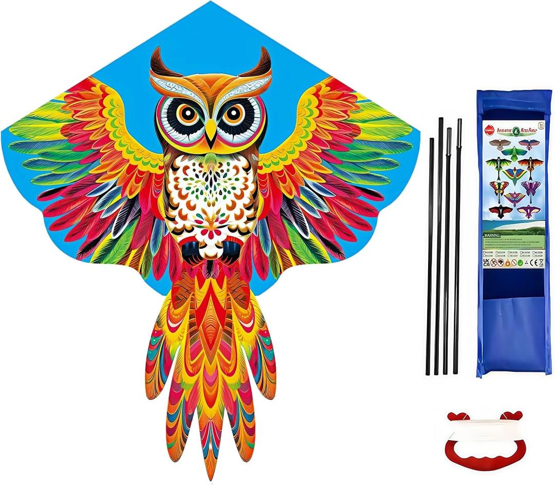 Large Owl Kite, 52x46inch Single Line Colorful Kite with Long Tail Beginner with Winding Handle and 100m Line Outdoor Park Games Activities