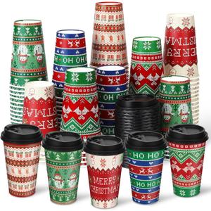 Ovveroche 100 Pack 16 oz Christmas Disposable Coffee Cups with Lids,Ugly Sweater Disposable Cups for Hot and Cold Beverages,Coffee,Tea,Water,Juice