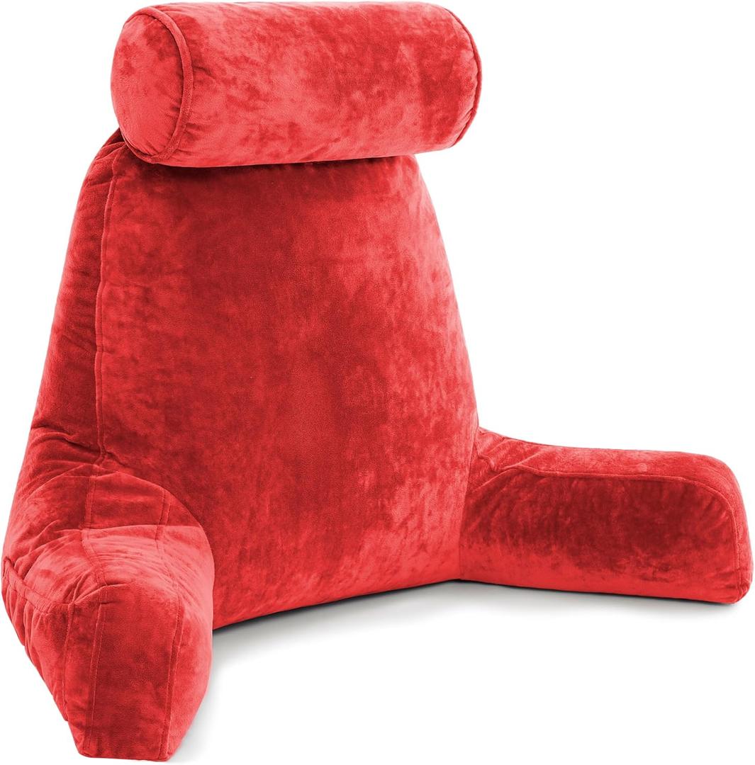 Husband Pillow XXL  Reading Pillow Bed Chair with Arms & Back Support  Red - Back Pillow for Beds Sitting Up  Bed Rest Arm Pillow  Comfy Reading Pillow for Adults