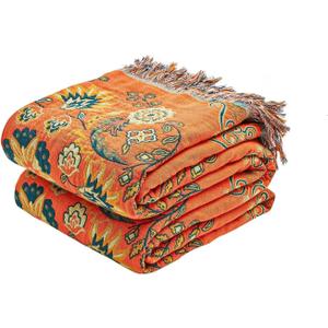 XIBLC Boho Throw Blanket, 100% Cotton Ultra Soft Luxury Throw Rustic Quilt, 80"x90" Floral Printed Farmhouse Decor Bed Summer Blankets, All Season Rustic Reversible Bohemian Throw for Bed - Orange